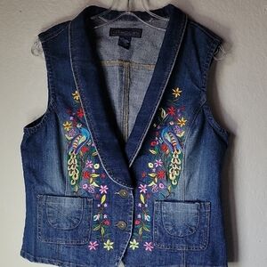 Baccini Blue Denim Vest with Colorful Floral Embroidery Size L